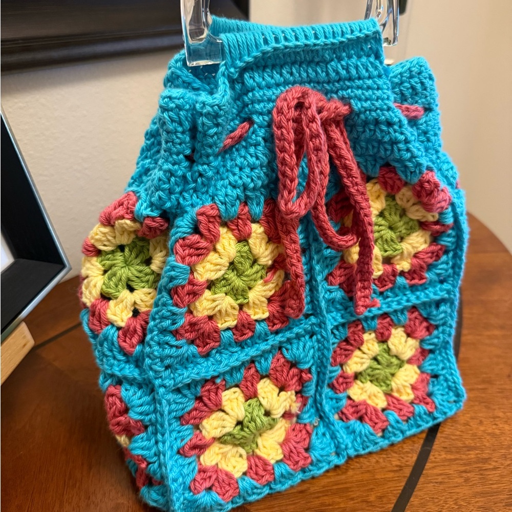 Crochet Drawstring Bag with Floral Pattern
